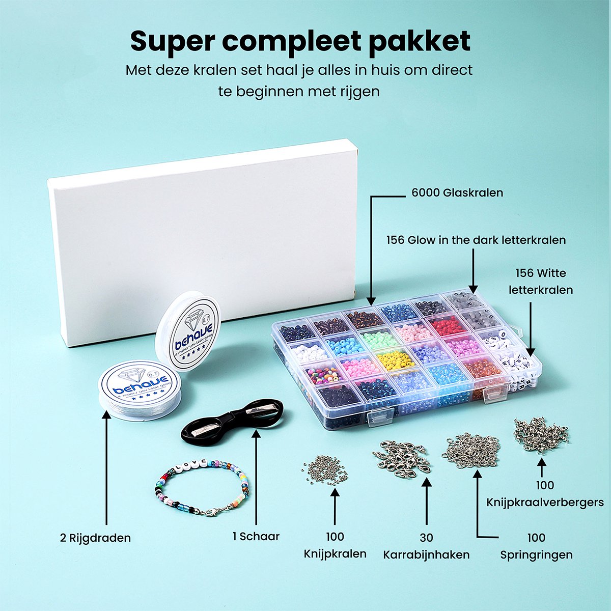 Behave 6000 Glaskralen Set Deluxe - DIY Sieraden maken - Kralen Set - Rocailles - Bedels - Letterkralen - 20 Kleuren - 4mm — afbeelding 7