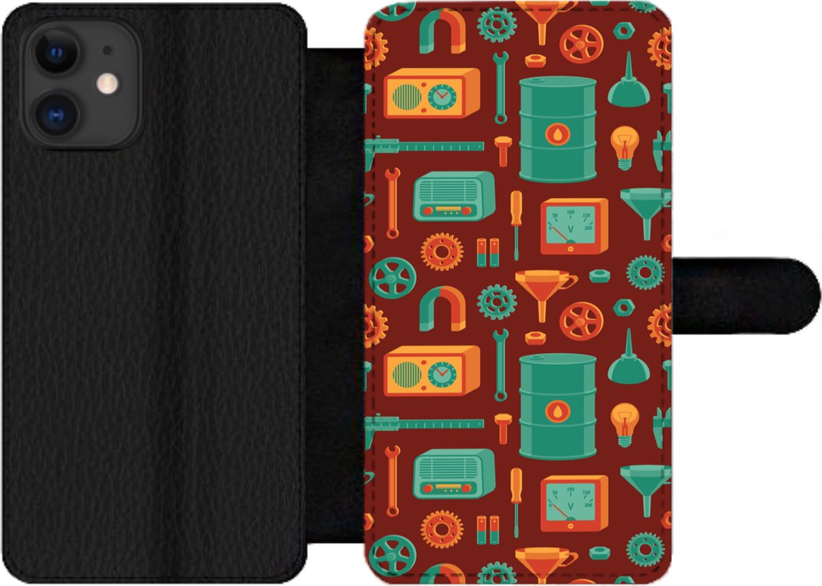 Telefoonhoesje Geschikt voor iPhone 12 Pro Max telefoonhoesje - Patroon - Retro - Gereedschap - Met vakjes - Wallet case met magneetsluiting
