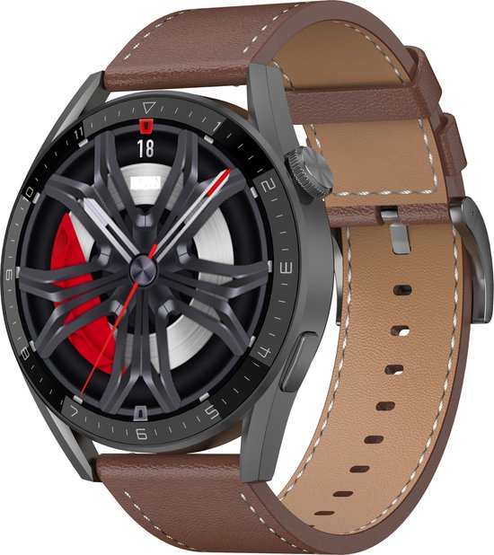 Belesy® NUMBER 3 MAX FOR HIM - Smartwatch Heren - Horloge – Stappenteller – Calorieën - Hartslag – Sporten - Splitscreen - Eigen wijzerplaat - Full Touch - Bluetooth Bellen – Zwart – Leer - Bruin - Moederdag