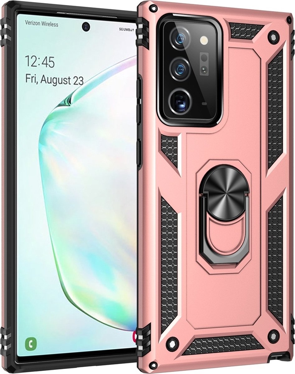Mobigear Hoesje geschikt voor Samsung Galaxy Note 20 Ultra Telefoonhoesje Hardcase | Mobigear Armor Ring Backcover Shockproof met Ringhouder | Schokbestendig Galaxy Note 20 Ultra Telefoonhoesje | Anti Shock Proof - Roségoud