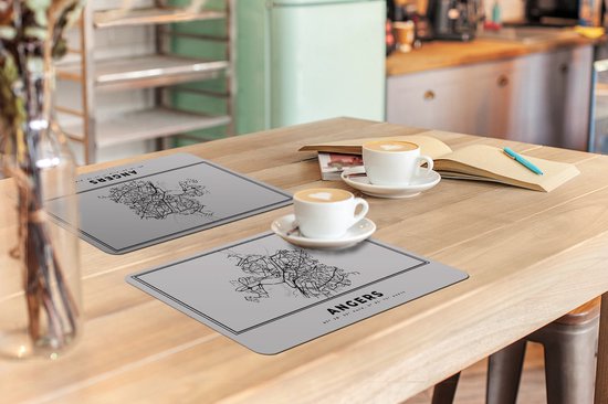 Set de table - Napperons plastique - France - Plan de la ville - Wit Zwart - Angers - Carte - Carte - 45x30 cm - 6 pièces - Résistant à la chaleur - Antidérapant - Sous-couche - Amovible