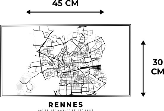 Set de table - Napperons plastique - Rennes - Carte - Plan de la ville - Wit Zwart - Carte - 45x30 cm - 6 pièces - Résistant à la chaleur - Antidérapant - Sous-couche - Amovible
