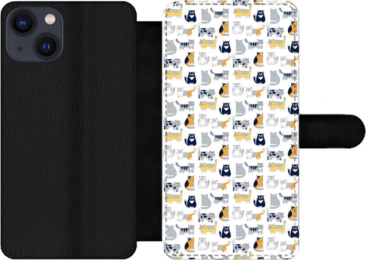 Telefoonhoesje Geschikt voor iPhone 13 telefoonhoesje - Patroon - Kat - Poes - Jongens - Meisjes - Kinderen - Kindje - Met vakjes - Wallet case met magneetsluiting