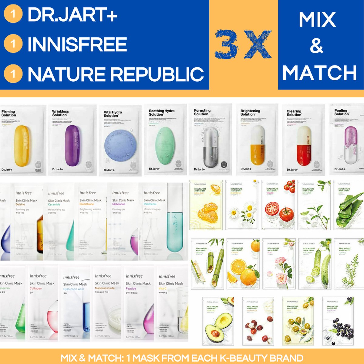 NATURE REPUBLIC & INNISFREE & DR.JART+ Mix & Match - 3 x Korean Beauty Face Mask - Combinatie Set voor Hydratatie en Stralende Huid - Stralende Huid - Hydratatie - Droge Huid - Alle Huidtypen - Huidverzorging - Verassing Geschenk - Skin Routine