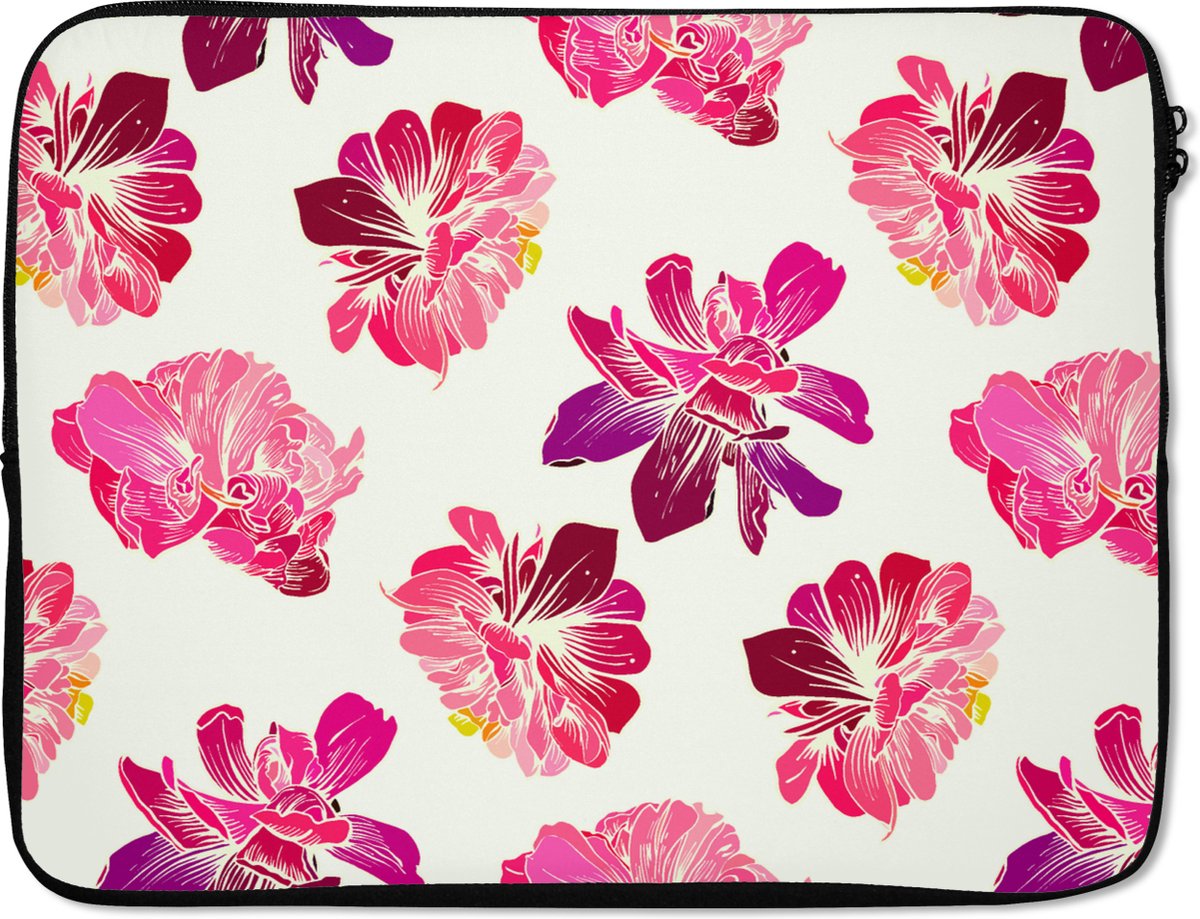 Laptophoes 17 inch - Bloemen - Roze - Patroon - Laptop sleeve - Binnenmaat 41x28 cm - Zwarte achterkant