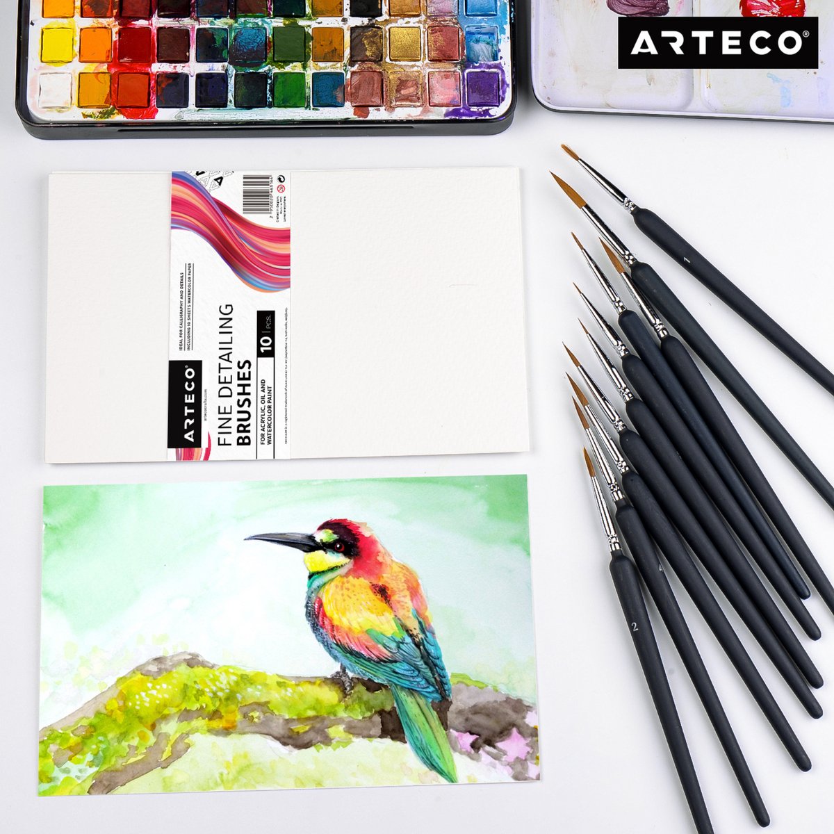 ARTECO® 10 Fijne Penselen Incl. Aquarelpapier - Penselenset - Penselen - Kwasten – Kalligrafie, Schilderen op Nummer, Miniatuur — afbeelding 12