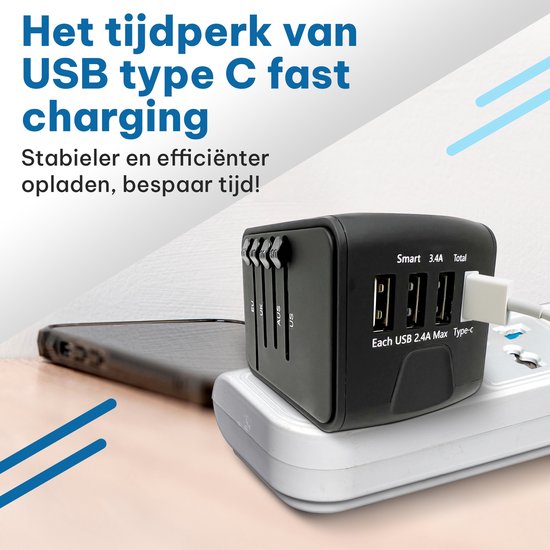 TravelHawk Universele Wereldstekker met USB-C en 3 USB poorten - Reisstekker - Usb stekker - Internationale Reisstekker voor 150+ landen - Amerika (USA) - Engeland (UK) - Australië - Azië - Zuid Amerika - Afrika - Wereldstekkers - Zwart