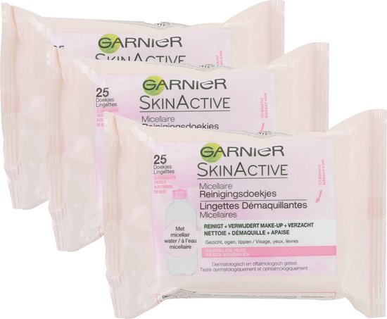Garnier - SkinActive - Micellaire Reinigingsdoekjes Gevoelige Huid - 3 x 25 stuks - Gezichtsreiniging - Voordeelverpakking - Garnier