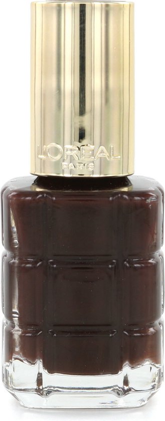 L'Oréal nagellakfles met goudkleurige dop en donkerbruine lak.