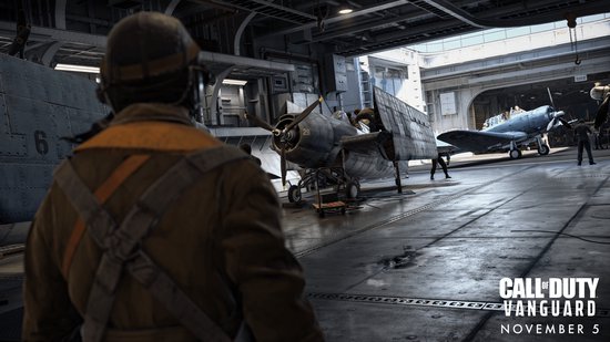 Piloot kijkt naar vliegtuigen in een hangar, met een vliegtuig op de voorgrond.