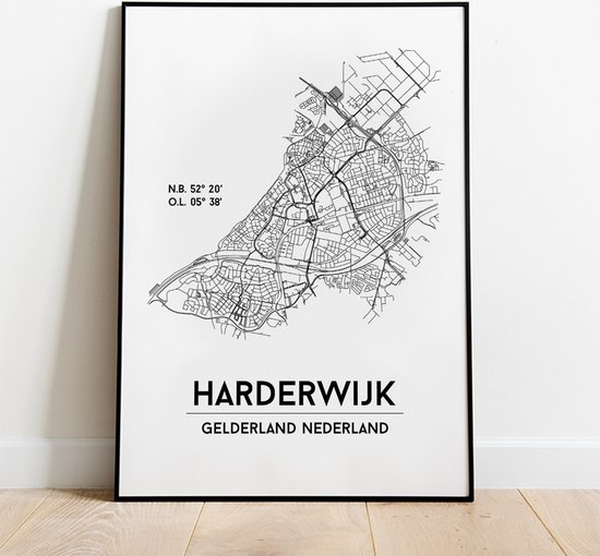 Harderwijk city poster, A4 zonder lijst, plattegrond poster, woonplaatsposter, woonposter