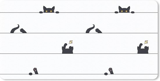 Grand tapis de souris avec un motif quadrillé blanc de chats noirs regardant par le haut, avec des pattes et des queues dépassant en dessous.
