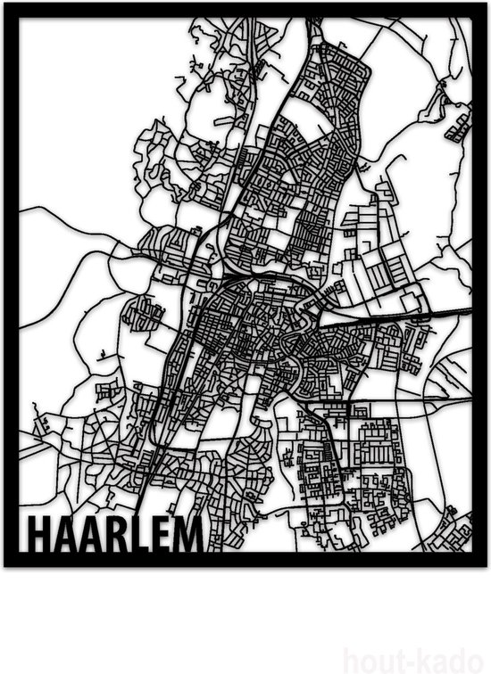 Foto: Hout kado citymap haarlem zwart houten stadskaart houten wanddecoratie plattegrond