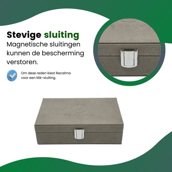 Grijze Recalma kluis met klik-sluiting. Tekst: Stevige sluiting.