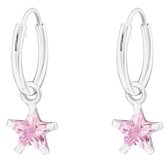 Joy|S - Zilveren ster bedel oorbellen - ster bedel roze kristal - oorringen