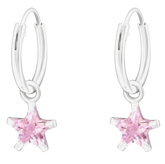 Joy|S - Zilveren ster bedel oorbellen - ster bedel roze kristal - oorringen