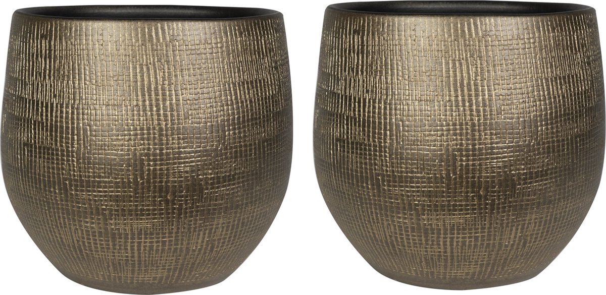 Ter Steege Plantenpot/bloempot - Set van 2x stuks - keramiek - metal goud - 31 x 28 cm