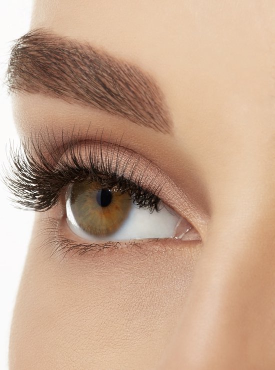 Open oog met bruine iris, volle wimpers en bruine wenkbrauw.