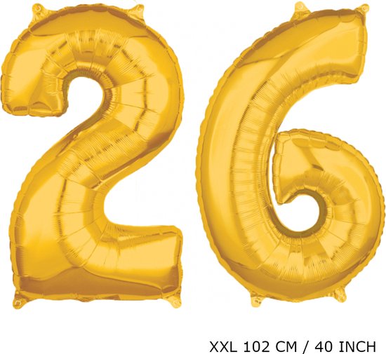 Mega grote XXL gouden folie ballon cijfer 26 jaar.  leeftijd verjaardag 26 jaar. 102 cm 40 inch. Met rietje om ballonnen mee op te blazen.