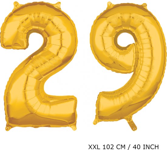 Mega grote XXL gouden folie ballon cijfer 29 jaar.  leeftijd verjaardag 29 jaar. 102 cm 40 inch. Met rietje om ballonnen mee op te blazen.