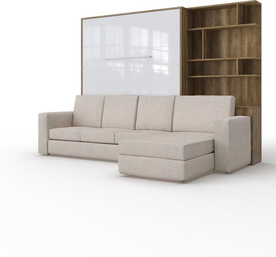 Maxima House - INVENTO SOFA MAX Elegance - Lit Pliant Vertical Comprenant Canapé d'Angle + Placard - Lit Invité - Lit Pliant - Armoire de Lit - Y Compris LED - Chêne Country / Wit Haute Brillance + Canapé Beige - 200x160 cm