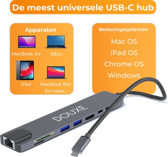 USB C Hub voor MacBook, Dell, HP en lenovo met HDMI en 7 andere Poorten - Dockingstation II8 Douxe - Douxe
