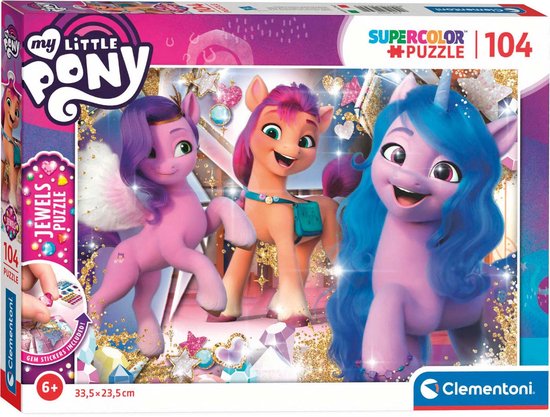 My Little Pony 104-stukjes puzzel met 3 pony's: een roze met vleugels, een oranje en een blauwe met kroon. Edelstenen stickers inbegrepen.