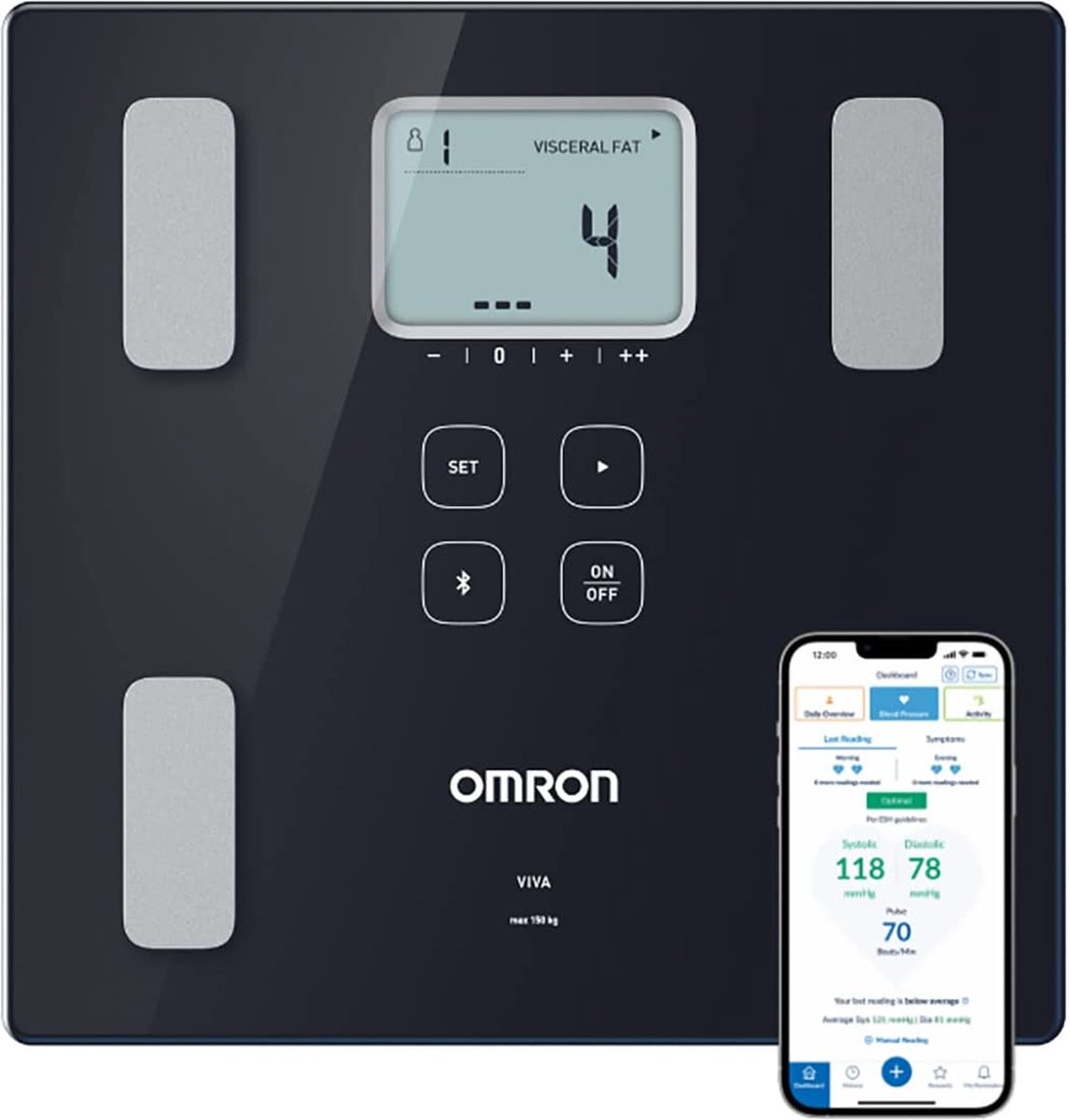 OMRON VIVA Slimme Bluetooth Weegschaal met Lichaamsanalyze en Vetpercentage - Volledige Bio-Elektrische Impedantie Analyze (BIA) - Smart Personenweegschaal Digitaal - Smart Scale - met Mobiele App - Klinisch Gevalideerd – Zwart - Omron