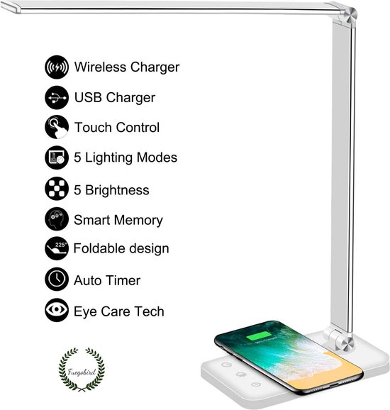 Lampe de bureau LED Fuegobird EK009 - Filaire - Recharge sans fil pour téléphone - Dimmable - Pliable - Smart Touch - Technologie Qi - Wit