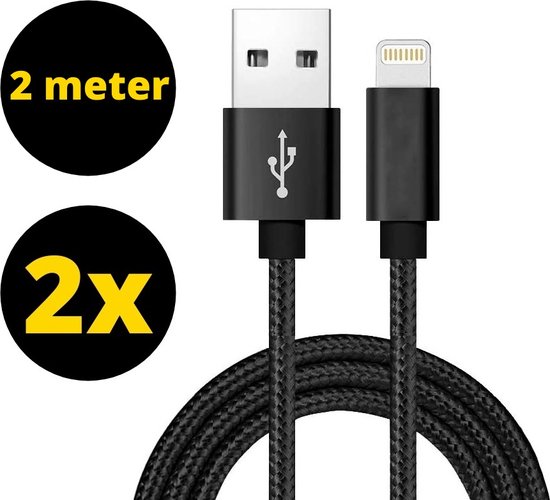 2x iPhone oplader kabel 2 Meter Gevlochten Zwart - iPhone kabel - Lightning  USB kabel... | bol.com