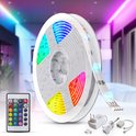 Een rol met een rgb led-strip in verschillende kleuren, met afstandsbediening, adapter en connector.