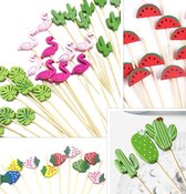 Cocktailprikkers - houten figuurtje - gekleurd mix - 30 stuks - blad - flamingo - cactus - meloen - aardbei - houten spiesje - bamboe