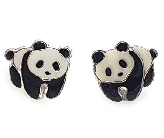 Zilveren oorknopjes met zwart wit panda beertje 10 mm