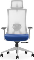Euroseat ergonomische bureaustoel met hoofdsteun Verona. Uitvoering witte Mesh rug & zitting blauw gestoffeerd. Voldoet aan de NEN EN 1335 norm.