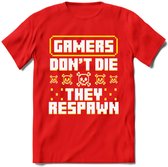 Gamers don't die pixel T-shirt | Geel | Gaming kleding | Grappig game verjaardag cadeau shirt Heren – Dames – Unisex | - Rood - S