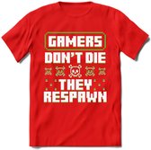 Gamers don't die pixel T-shirt | Groen | Gaming kleding | Grappig game verjaardag cadeau shirt Heren – Dames – Unisex | - Rood - S