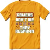 Gamers don't die pixel T-shirt | Gaming kleding | Grappig game verjaardag cadeau shirt Heren – Dames – Unisex | - Geel - XXL