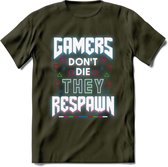 Gamers don't die T-shirt | Neon | Gaming kleding | Grappig game verjaardag cadeau shirt Heren – Dames – Unisex | - Leger Groen - S