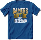 Gamers don't die T-shirt | Geel | Gaming kleding | Grappig game verjaardag cadeau shirt Heren – Dames – Unisex | - Donker Blauw - L