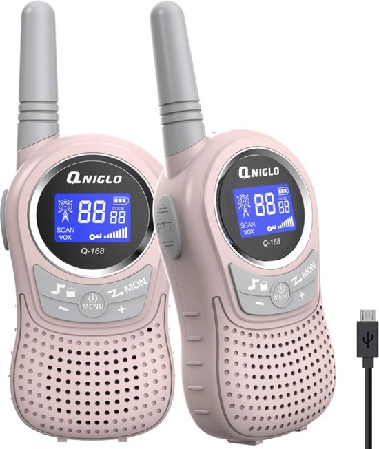 QNIGLO Q136 Walkie talkie Kinderen Oplaadbare, FM-radio Bereik van 2 km LED-knipperende ogen Draagbaar horlogebandje, fietsen, wandelen, kamperen, hardlopen, beste cadeau-speelgoed (Q136_Roze