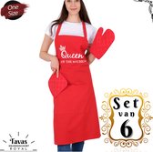 Set van 6 Rood | 65x95 cm | King & Queen of the Kitchen | 2 Keukenschorten - 2 Ovenwanten - 2 Pannenlappen | Kookschort met zakken | Keukenschort dames | Keukenschort voor vrouwen