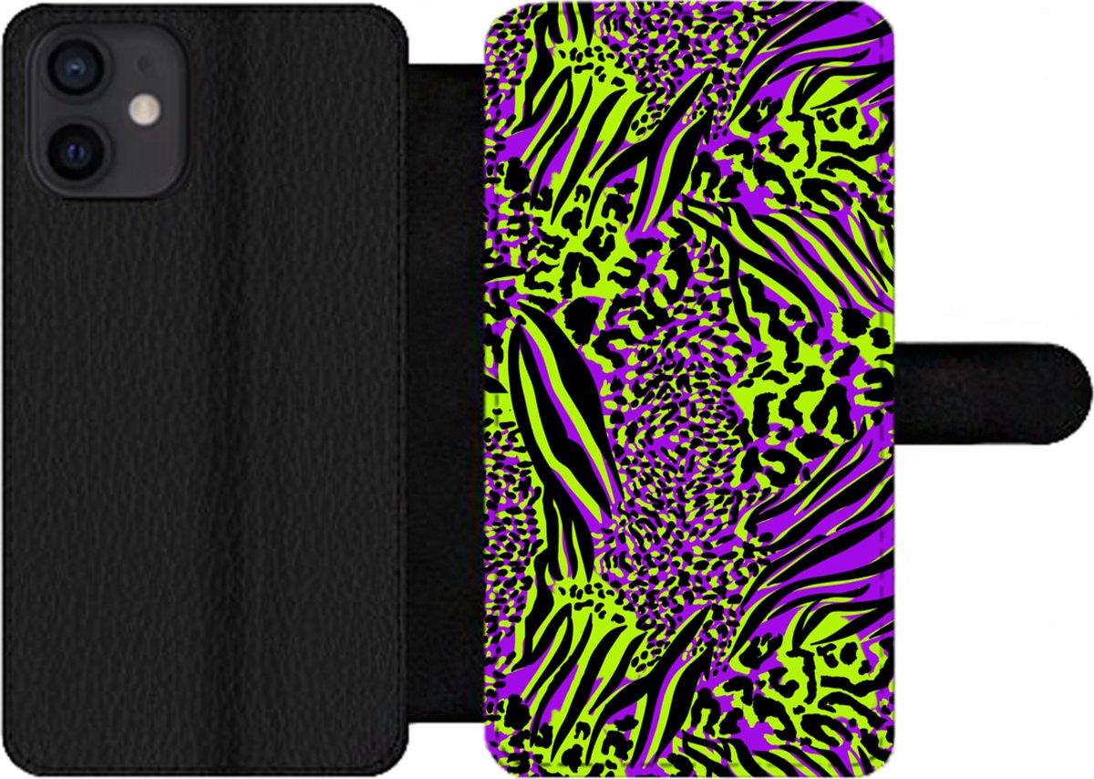 Telefoonhoesje Geschikt voor iPhone 12 telefoonhoesje - Dierenprint - Zebra - Neon - Paars - Met vakjes - Wallet case met magneetsluiting