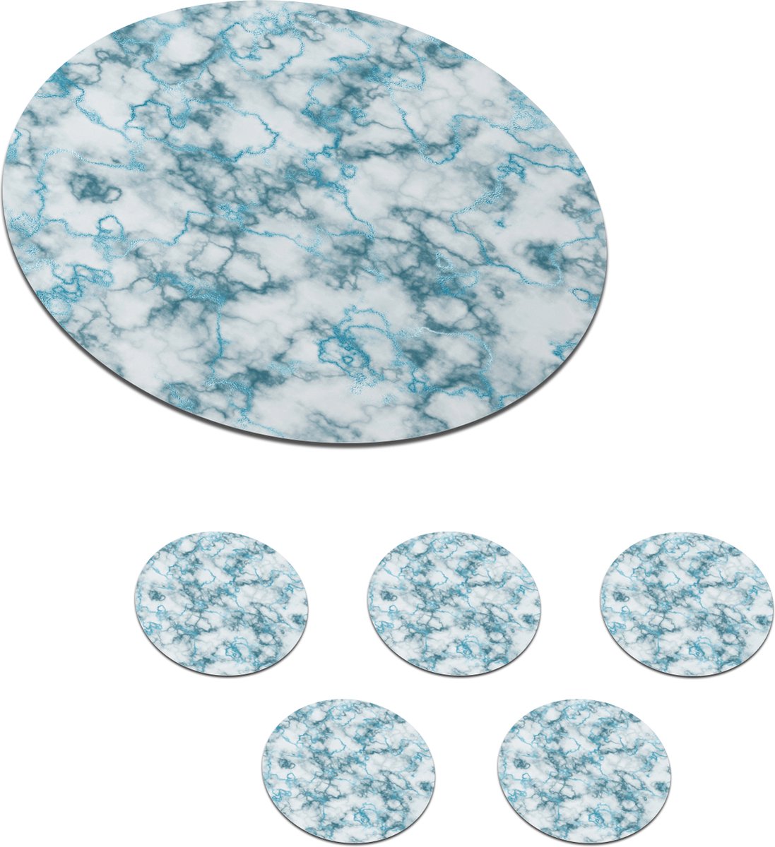 Onderzetters voor glazen - Rond - Marmer - Turquoise - Lijn - 10x10 cm - Glasonderzetters - 6 stuks