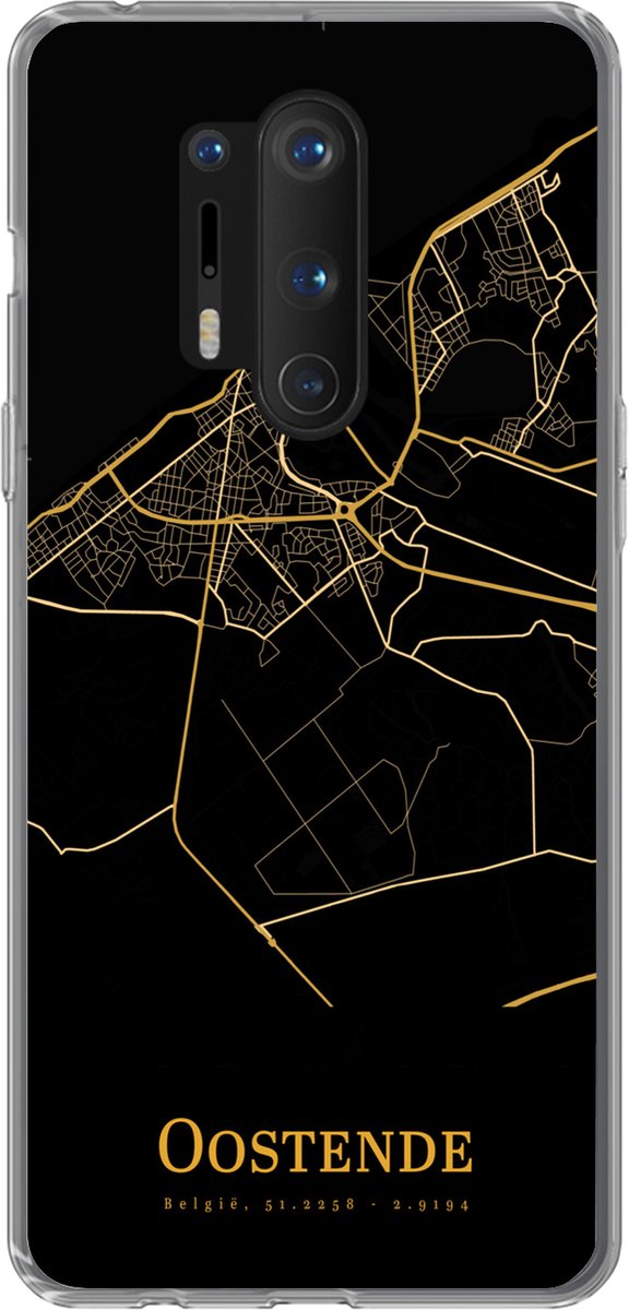 Telefoonhoesje Geschikt voor OnePlus 8 Pro hoesje - Oostende - Kaart - Goud - Zwart - Siliconen Telefoonhoesje Telefoonhoesje