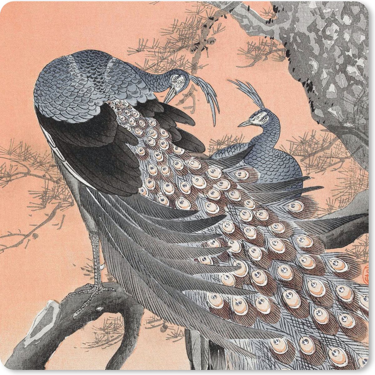 Muismat 30x30 cm - Mousepad Pauw - Vintage - Japans - Scandinavisch - Veren - Muismatten