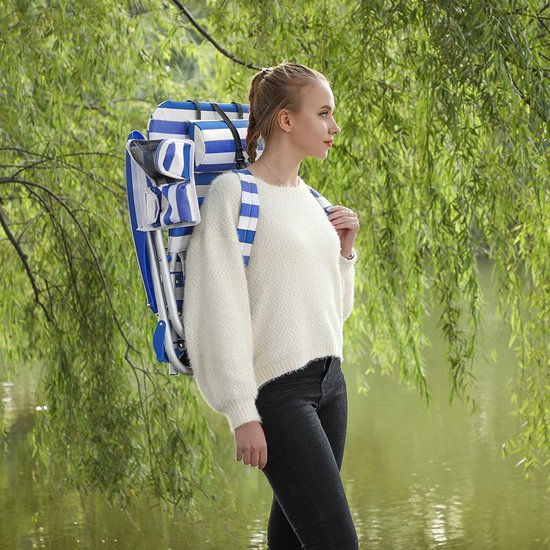 naqsh store strandstoel met hoofdkussen, aluminium, draagbare vouwstoel, campingstoel, opvouwbaar en verstelbaar, zoals Een rugzak draagbaar, buitenstoel, blauw en wit gestreept GCB62BU van Merkloos — afbeelding 5