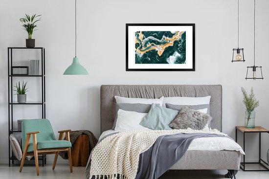 Poster in lijst - Fotolijst 90x60 cm - Posters - Marmer - Aqua - Gouden - Posterlijst zwart - Decoratie - Wanddecoratie woonkamer - Muurdecoratie slaapkamer