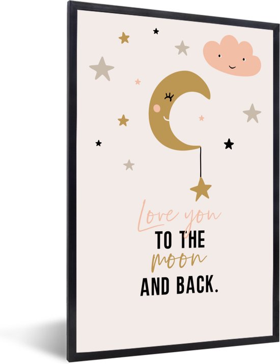 Affiche avec une lune dorée souriante tenant une étoile, des étoiles, des nuages et le texte 'love you TO THE moon AND BACK.'.