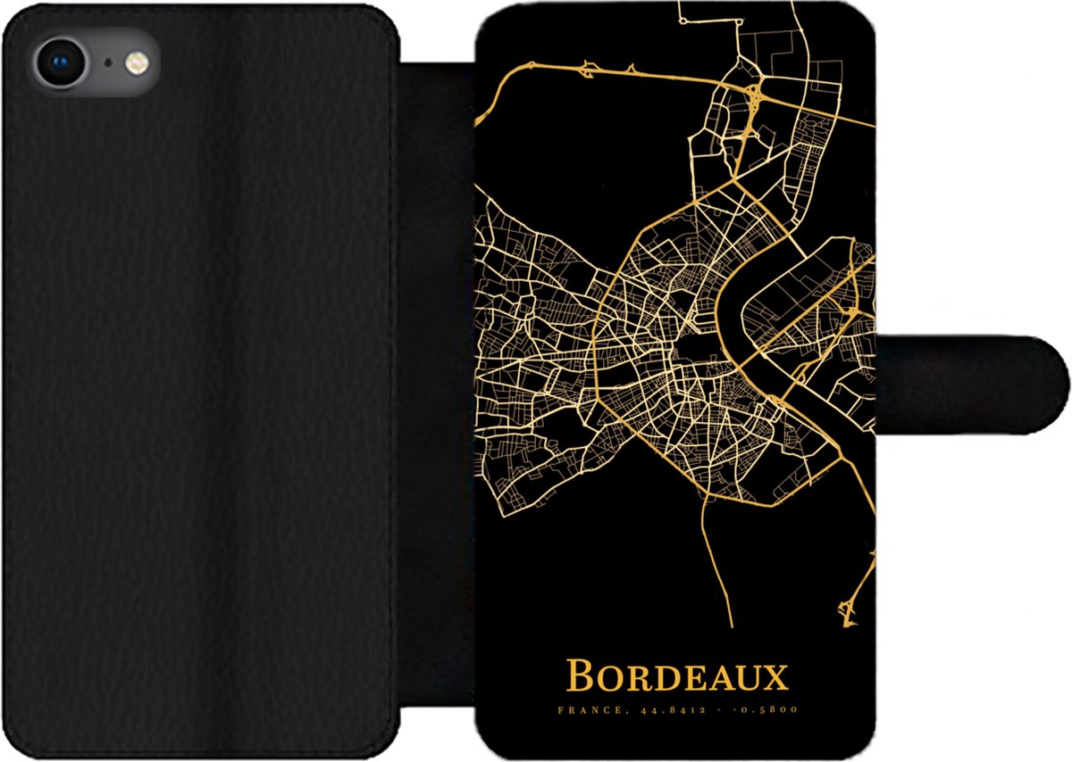 Telefoonhoesje Geschikt voor iPhone SE 2020 telefoonhoesje - Bordeaux - Kaart - Goud - Met vakjes - Wallet case met magneetsluiting