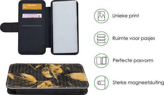 Bookcase pour iPhone 13 Mini Bookcase - Goud - Feuilles - Zwart - Avec compartiments - Étui portefeuille avec fermeture magnétique